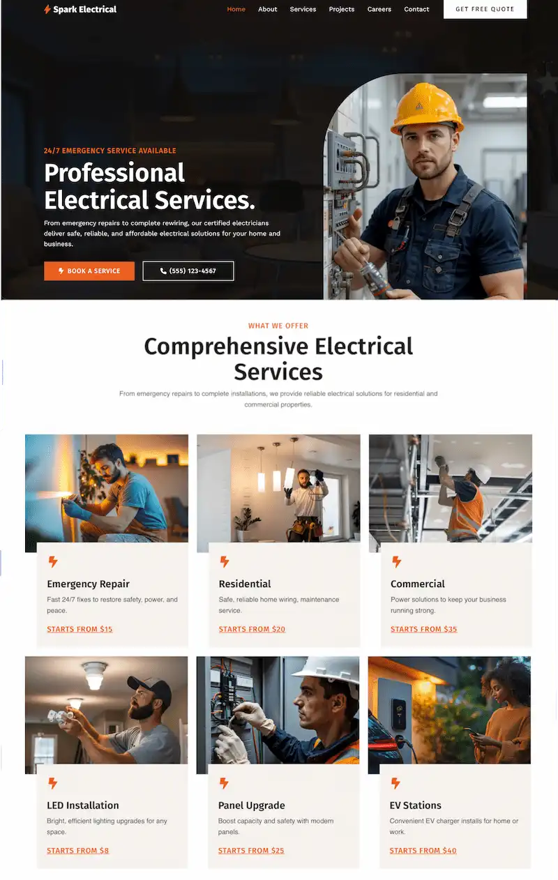 Exemples de sites web sur-mesure créés par Pandara Marketing : ici, électricien