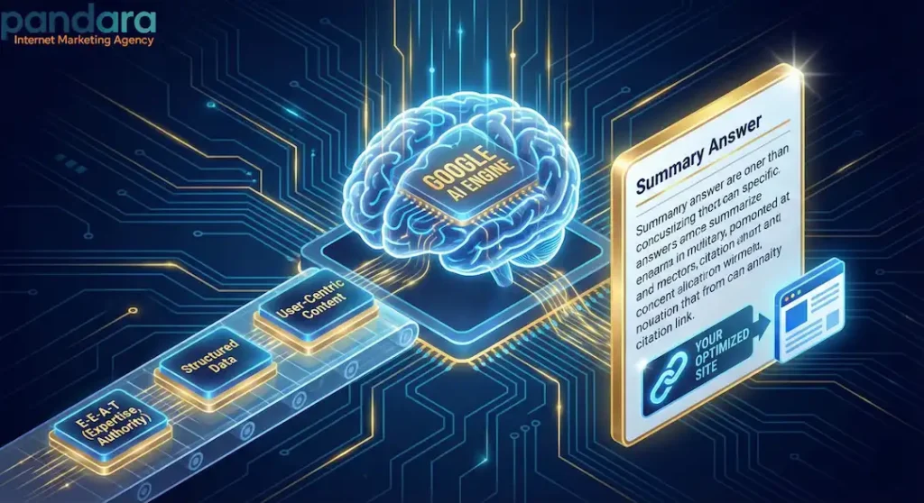 Illustration du fonctionnement de Google AI Engine transformant l'E-E-A-T, les données structurées et le contenu utilisateur en une réponse résumée pour un site optimisé.
