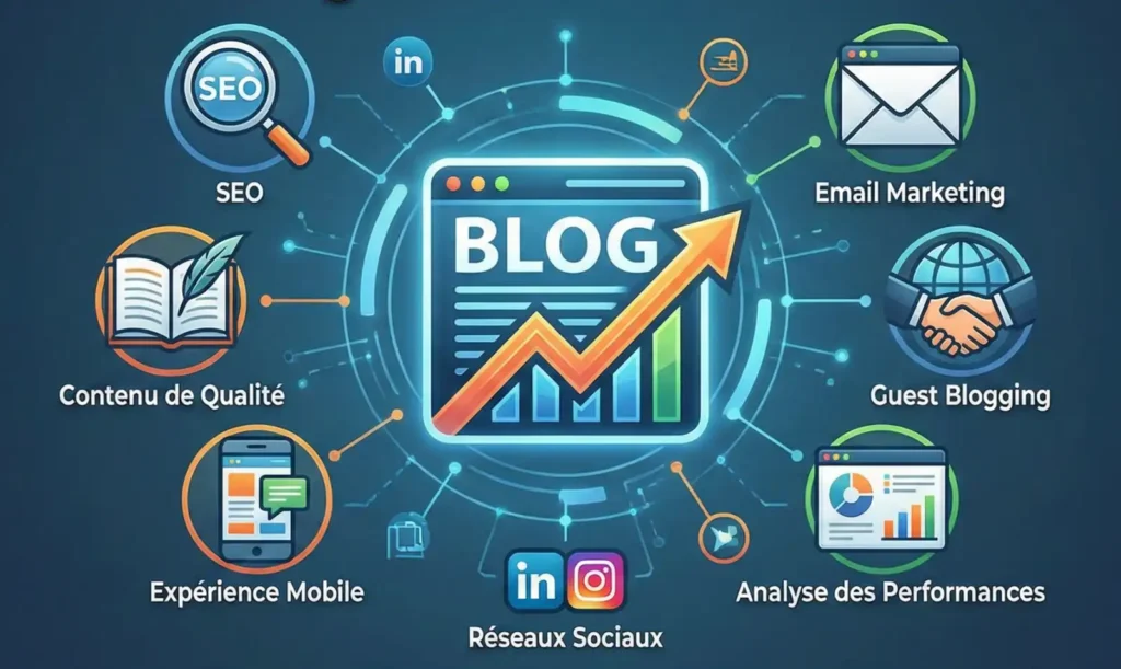 Infographie des leviers pour booster le trafic d'un blog : SEO, contenu de qualité, réseaux sociaux, email marketing et analyse des performances.