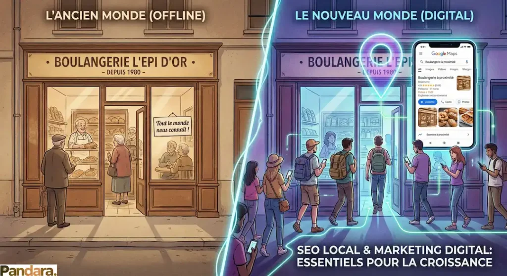 Comparison between a traditional offline bakery and a business optimized for local SEO using Google Maps.